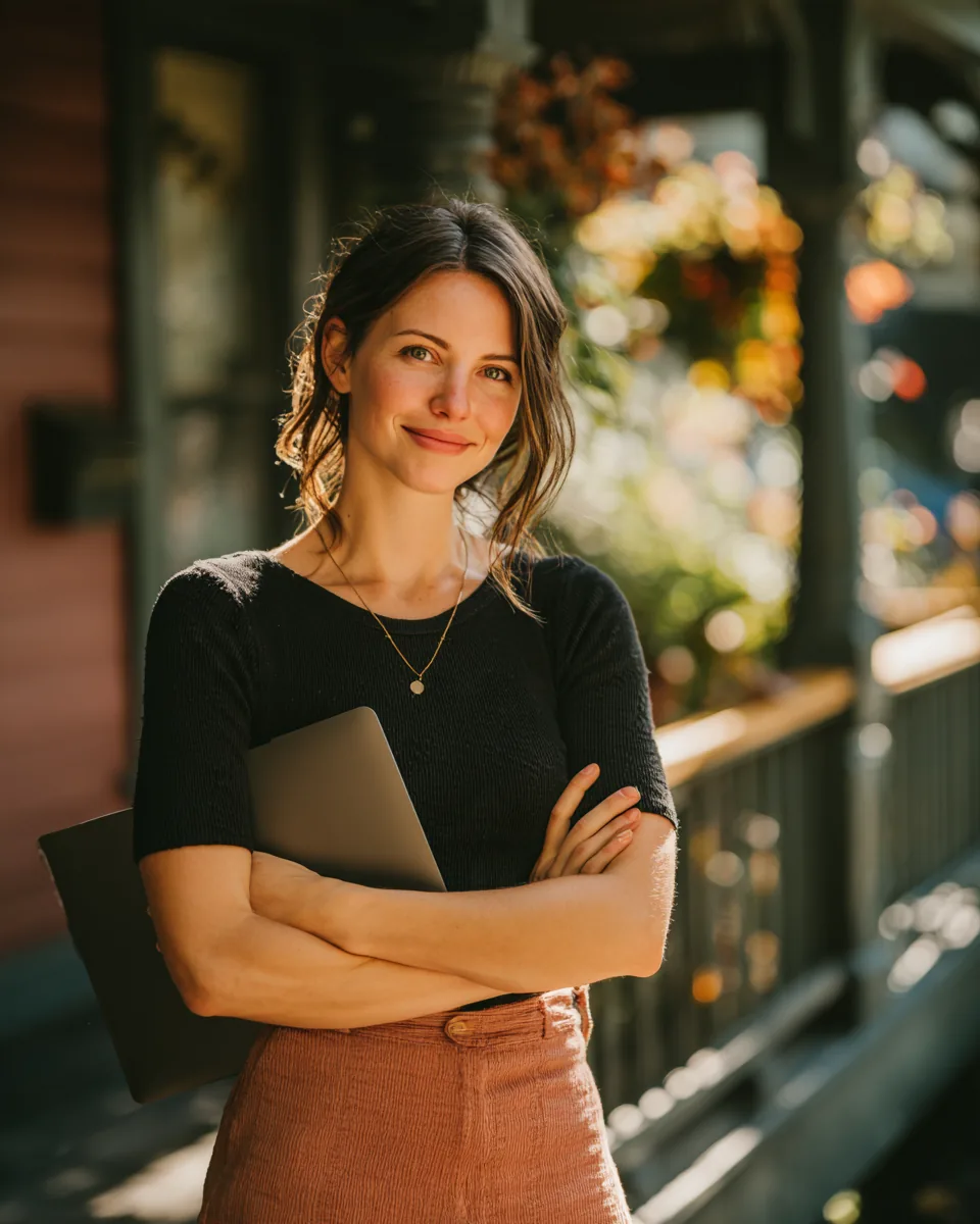 Confident woman on a sunlit front porch holding a laptop after checking personal loan options